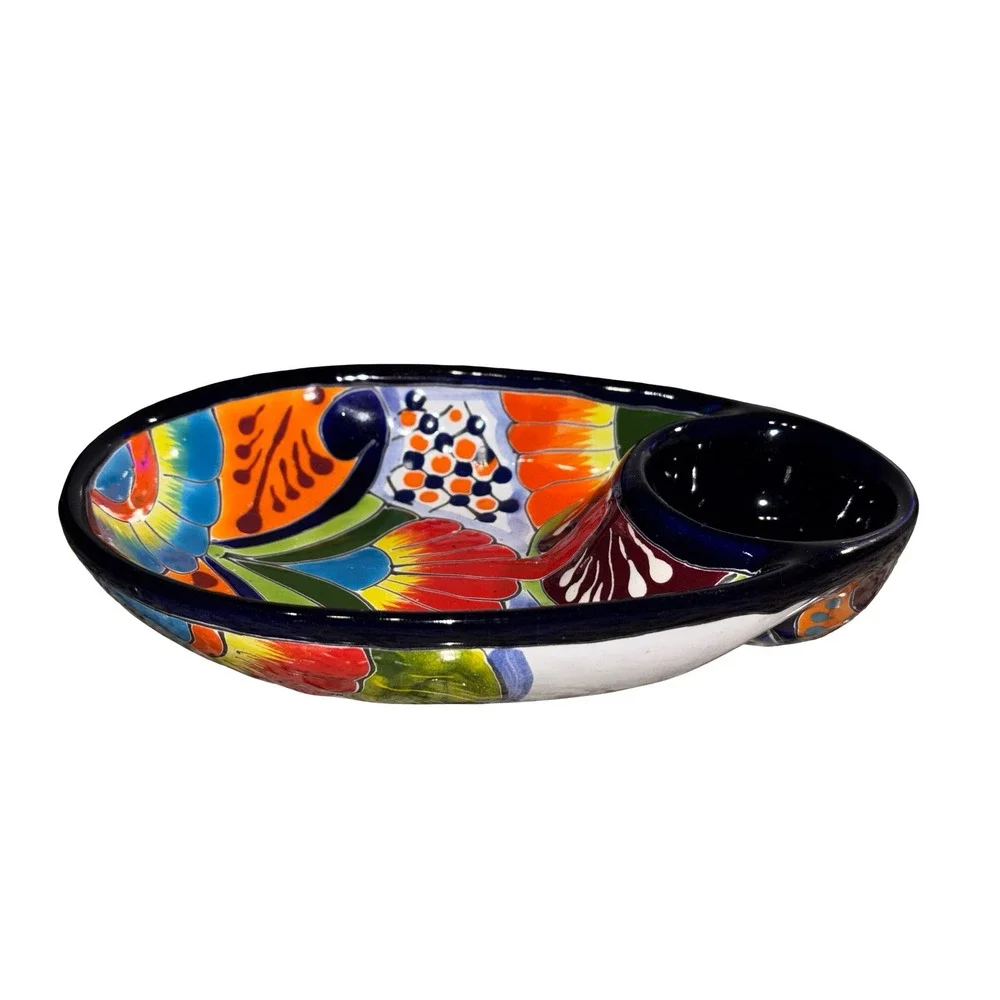 Mexican Talavera Pottery Chip and Dip Server Hand Painted Floral Ceramic Tray - Picture 2 of 4